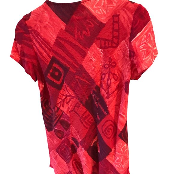 Benjamin A. Geometric Crepe Blouse: Vintage Red Floral Close-Fit Top, Size 12 - Picture 2 of 8